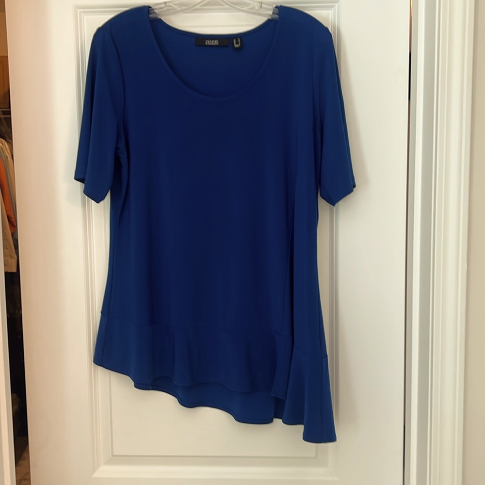 Dennis Basso liquid knit top with asymmetrical hem.  Royal blue, size medium
